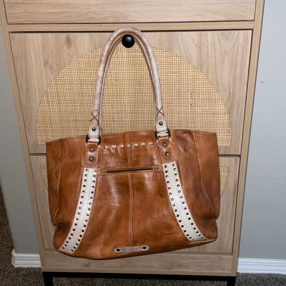 Brown Leather Tote Bag with White Accents